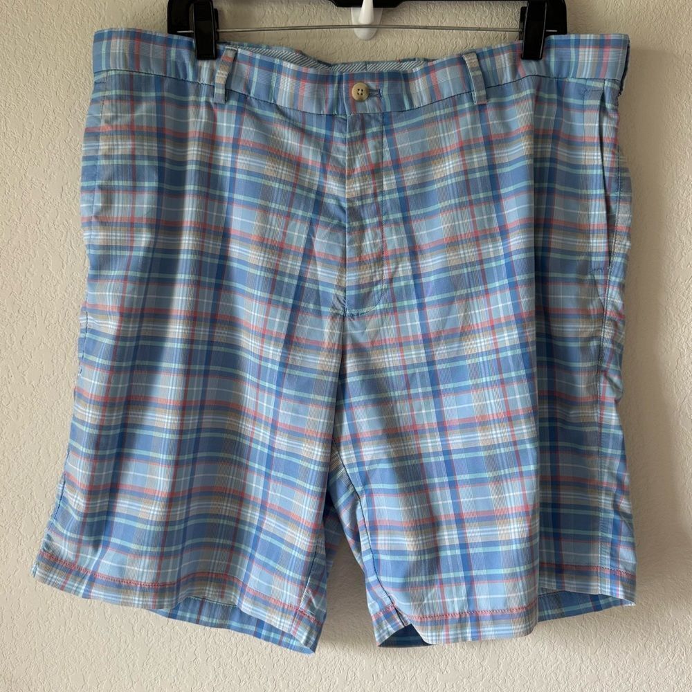 Peter Millar Featherweight Shorts Men’s 38 9" Blue Plaid Golf Preppy Performance